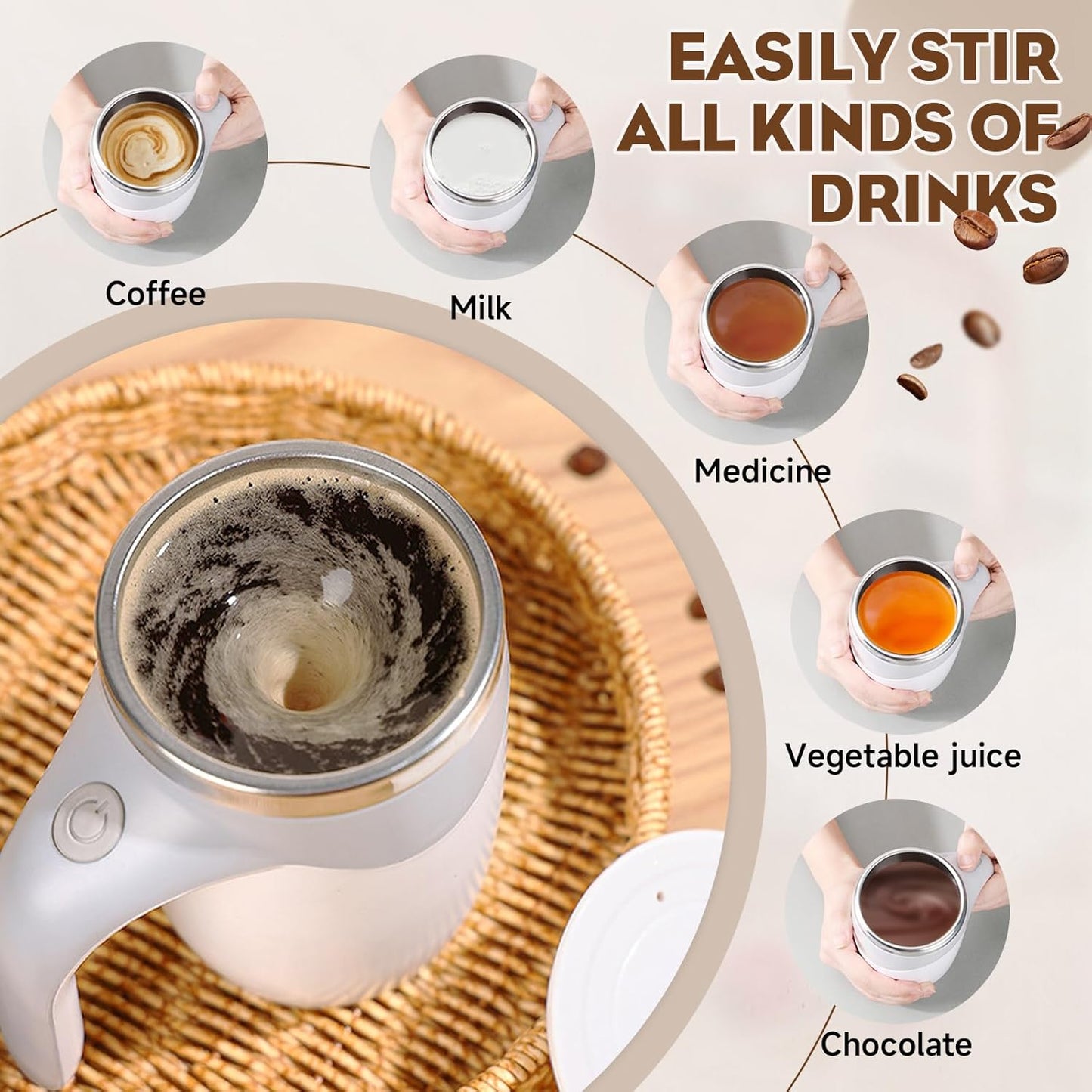 Self Stirring Coffee Mug, 2025 New Automatic Magnetic Stirring Coffee Mug, Magnetic Coffee Stirrer Mug for Milk, Rechargeable Coffee Mug Electric Mixing Cup for Coffee Milk Tea (1, White)