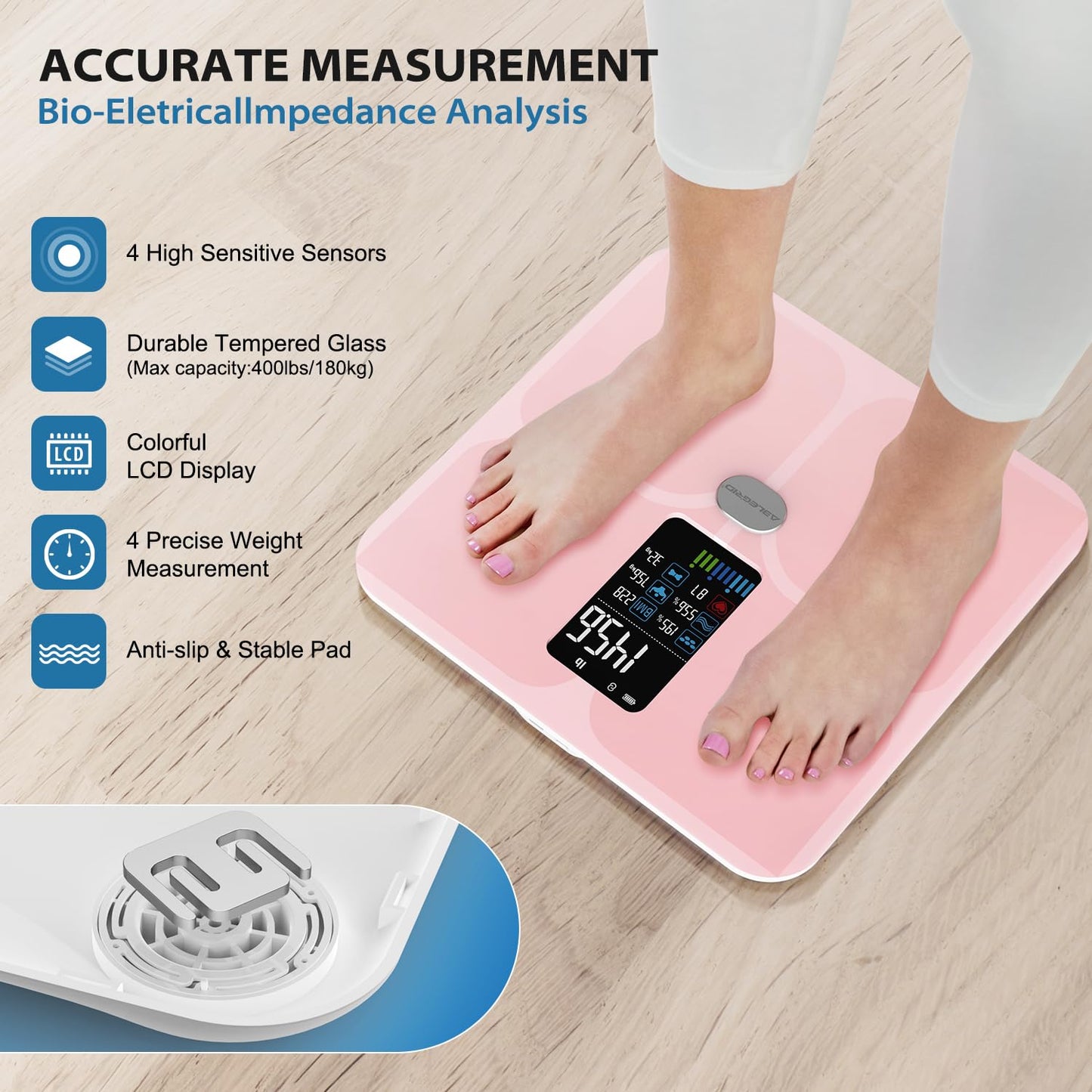 Body Fat Scale,Digital Smart Bathroom Scale for Body Weight,Large LCD Display Screen,16 Body Composition Metrics Bmi,Water Weigh,Heart Rate,Baby Mode,400Lb,Rechargeable-Rosegold