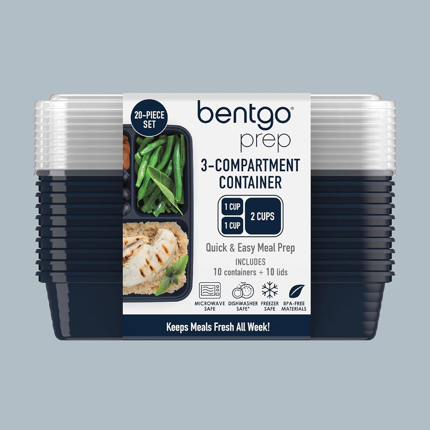 20-Piece Lightweight, Durable, Reusable Bpa-Free 3-Compartment Containers - Microwave, Freezer, Dishwasher Safe - Navy Blue