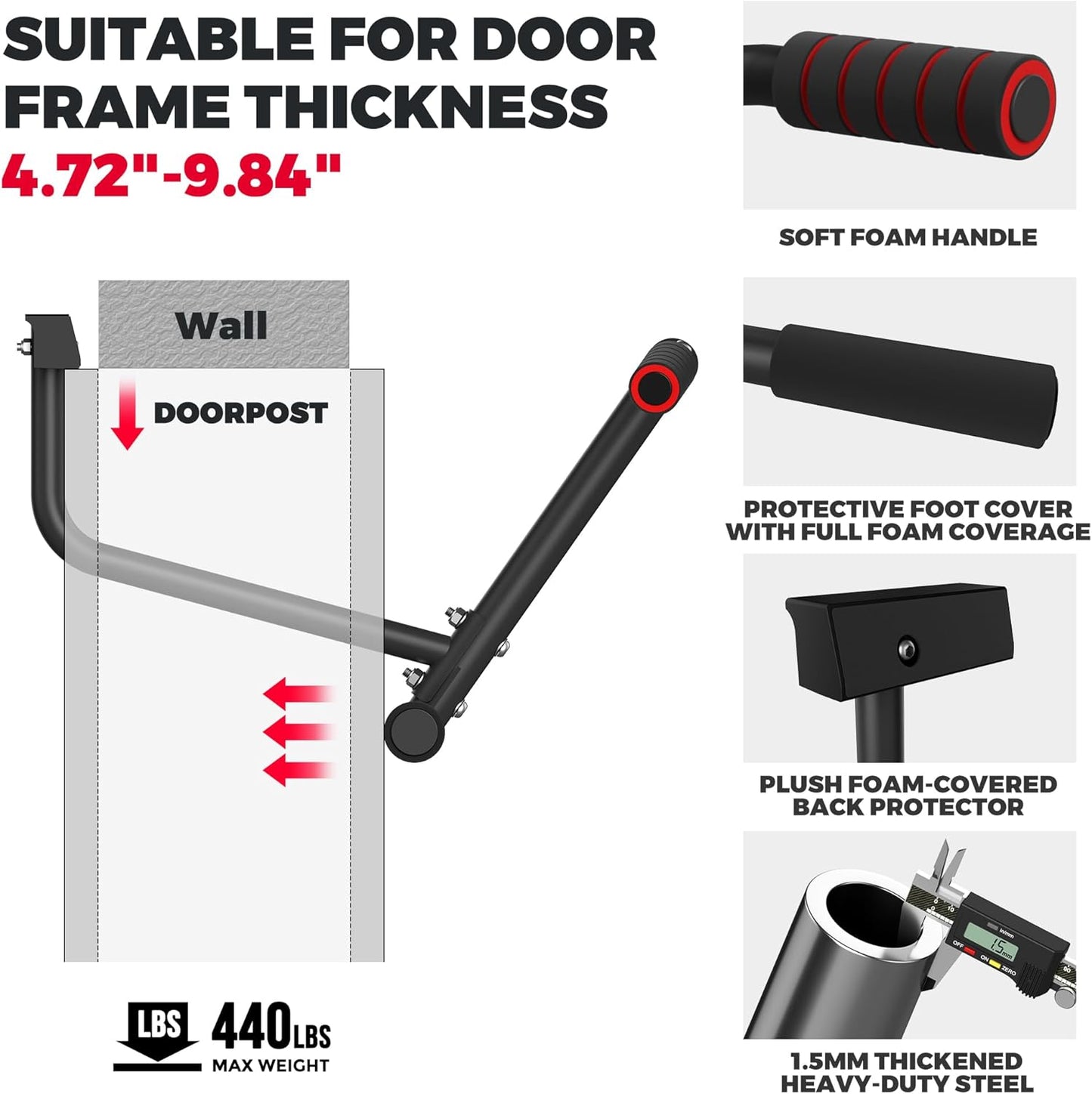 Pull up Bar for Doorway, 440 Lbs Heavy Duty Upper Body Fitness Workout Bar for Home Gym Exercise, Multi-Grip Strength Wall Mounted Door Frame Chin-Up Bar for Almost All Doors