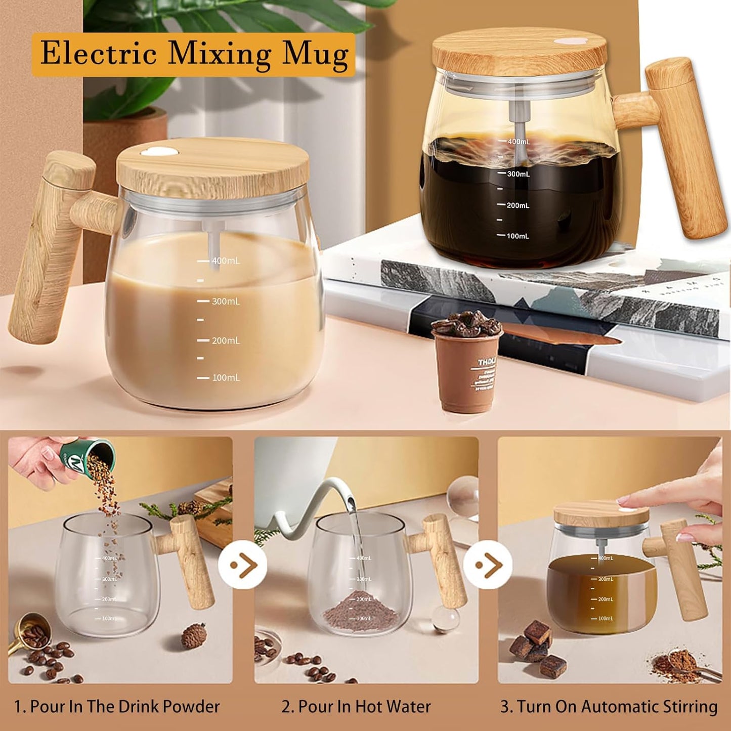 Self Stirring Mug, Electric Mixing Cup Self Stirring Coffee Mug High Borosilicate Glass Mixing Coffee Mug Rotating Home Office Travel Stirring Cup Suitable for Coffee/Milk/Protein Powder