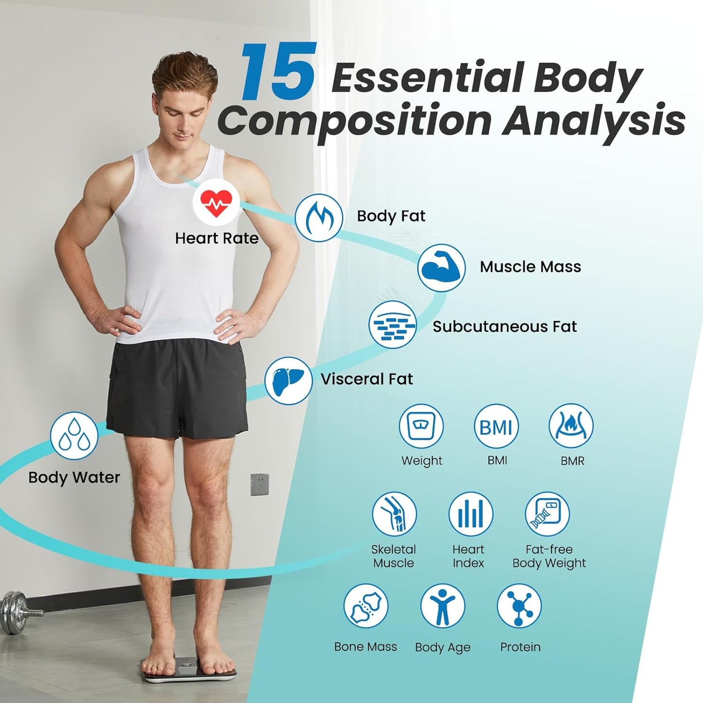 Scale for Body Weight and Fat, Large Display Body Fat Scale, High Accurate Weight Scale Digital Bluetooth Bathroom Scale for BMI Heart Rate, 15 Body Composition Analyzer Sync with Fitness App