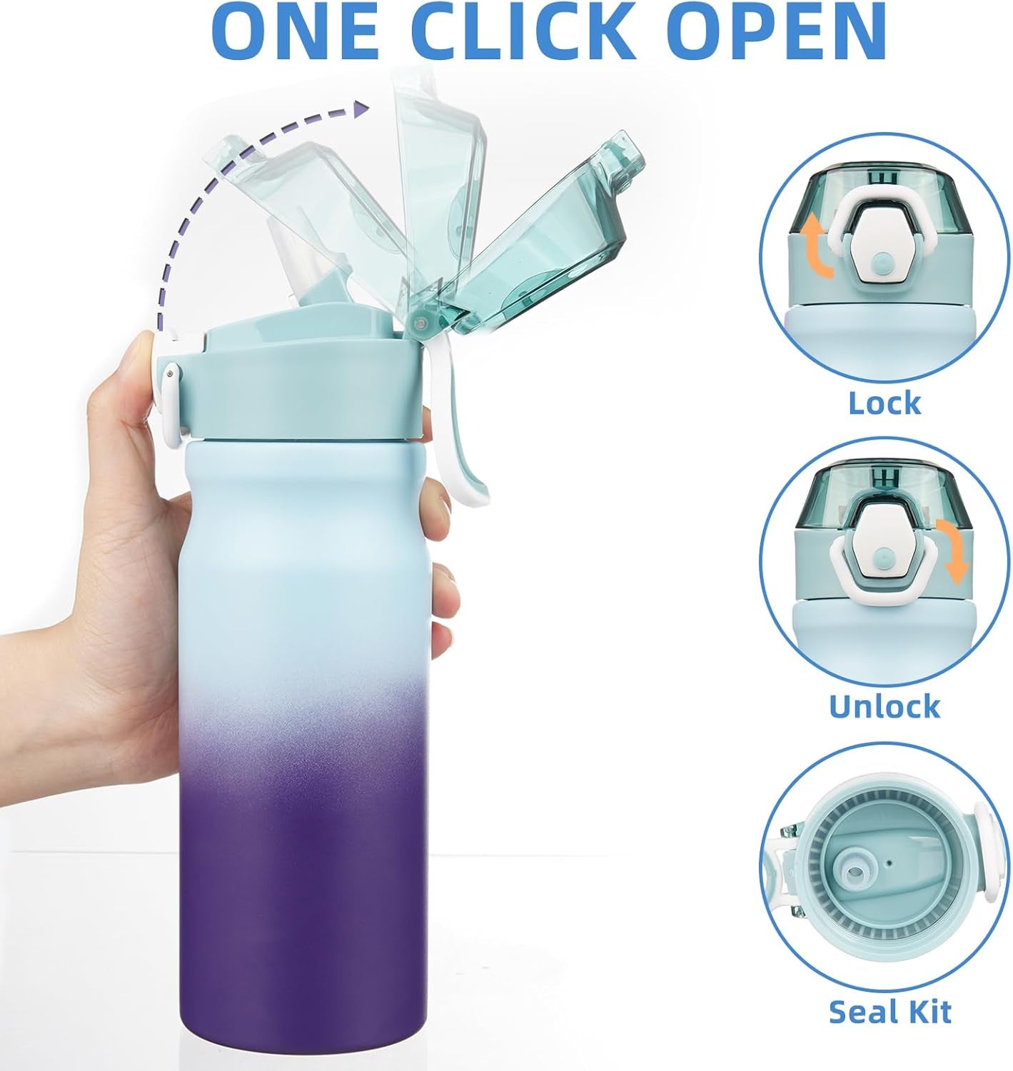 18Oz Insulated Water Bottle with Straw Stainless Steel Double Wall Water Bottles Bpa-Free Leak Proof Thermos with Lockable Flip Lid and Soft Silicone Spout,Ocean Dream