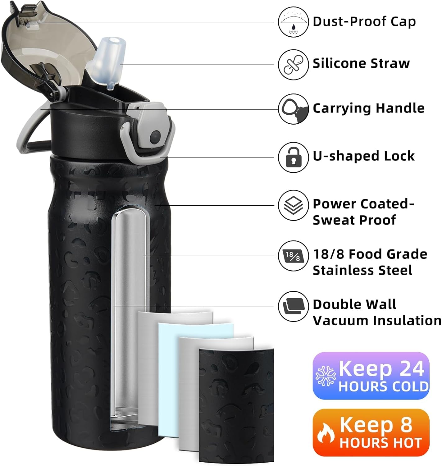 18Oz Insulated Water Bottle with Straw Stainless Steel Double Wall Water Bottles Bpa-Free Leak Proof Thermos with Lockable Flip Lid and Soft Silicone Spout,Black Leopard