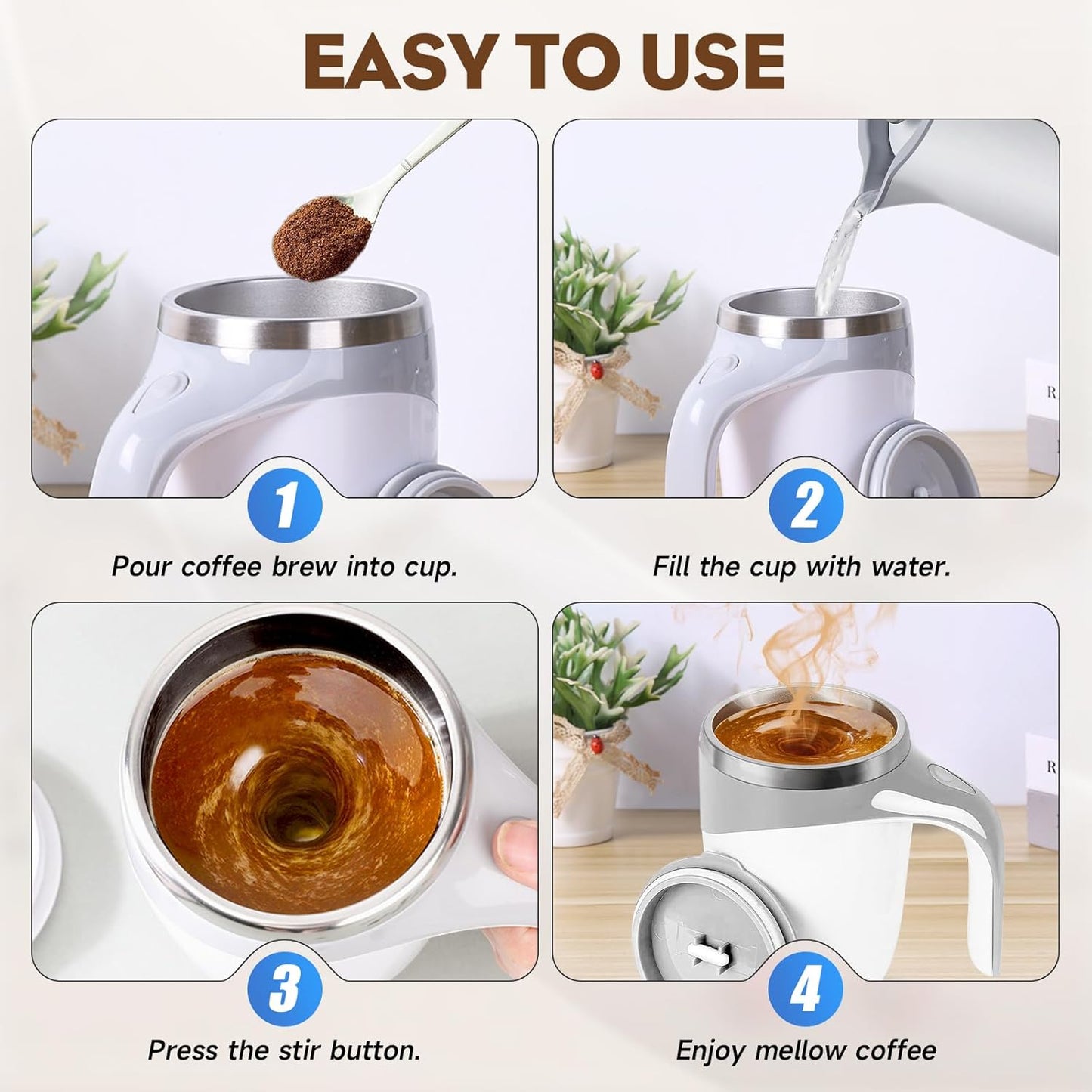 Self Stirring Coffee Mug, 2025 New Automatic Magnetic Stirring Coffee Mug, Magnetic Coffee Stirrer Mug for Milk, Rechargeable Coffee Mug Electric Mixing Cup for Coffee Milk Tea (1, White)