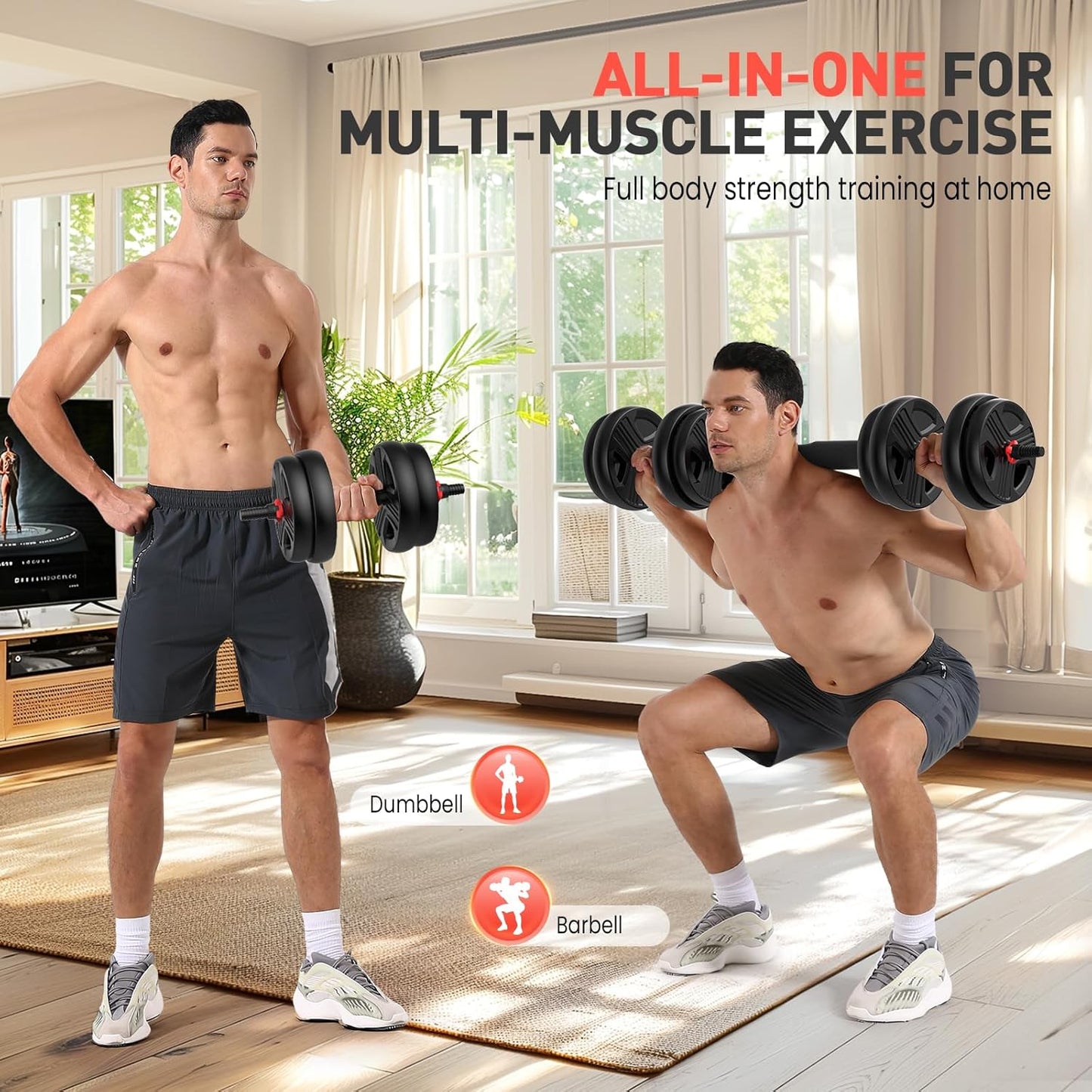 Adjustable Dumbbells Set, 20/30/40/55/60/70/80/90Lbs Free Weight Set with Connector, 2 or 3 in 1 Dumbbells Set Used as Barbell, Kettlebells, Fitness Exercises for Home Gym Suitable Men/Women