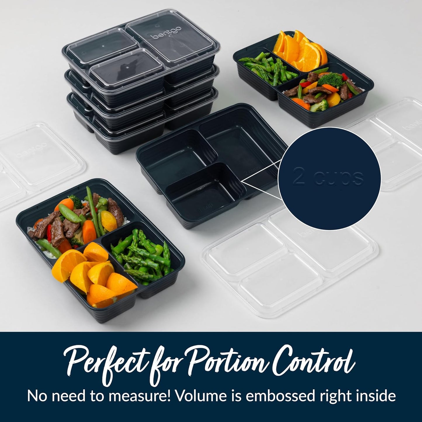 20-Piece Lightweight, Durable, Reusable Bpa-Free 3-Compartment Containers - Microwave, Freezer, Dishwasher Safe - Navy Blue