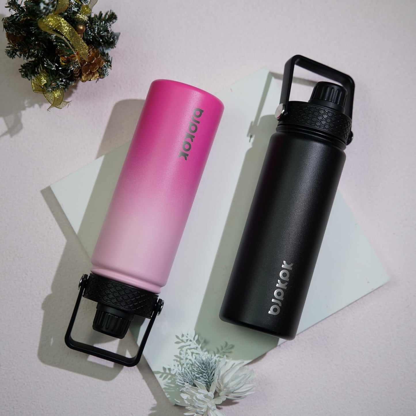 2 Pack Insulated Water Bottles with Straw Lids, 22Oz Stainless Steel Metal Water Bottle with 6 Lids, Leak Proof BPA Free Thermos, Cups, Flasks for Travel, Sports (Cherry+Black)