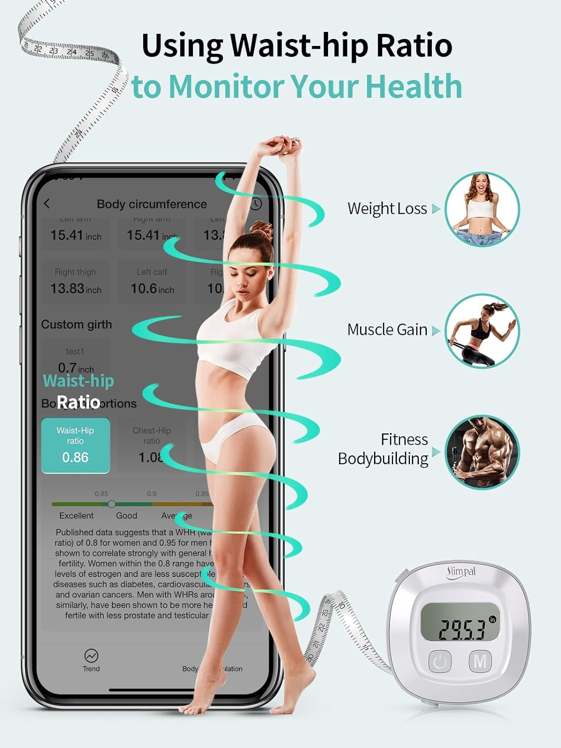 Smart Body Tape Measure, FSA HSA Eligible Approved Measuring Tape for Body Measurements Device, Retractable Bluetooth Monitoring Body Fat BMI Tool for Fitness Shape & Weight Loss