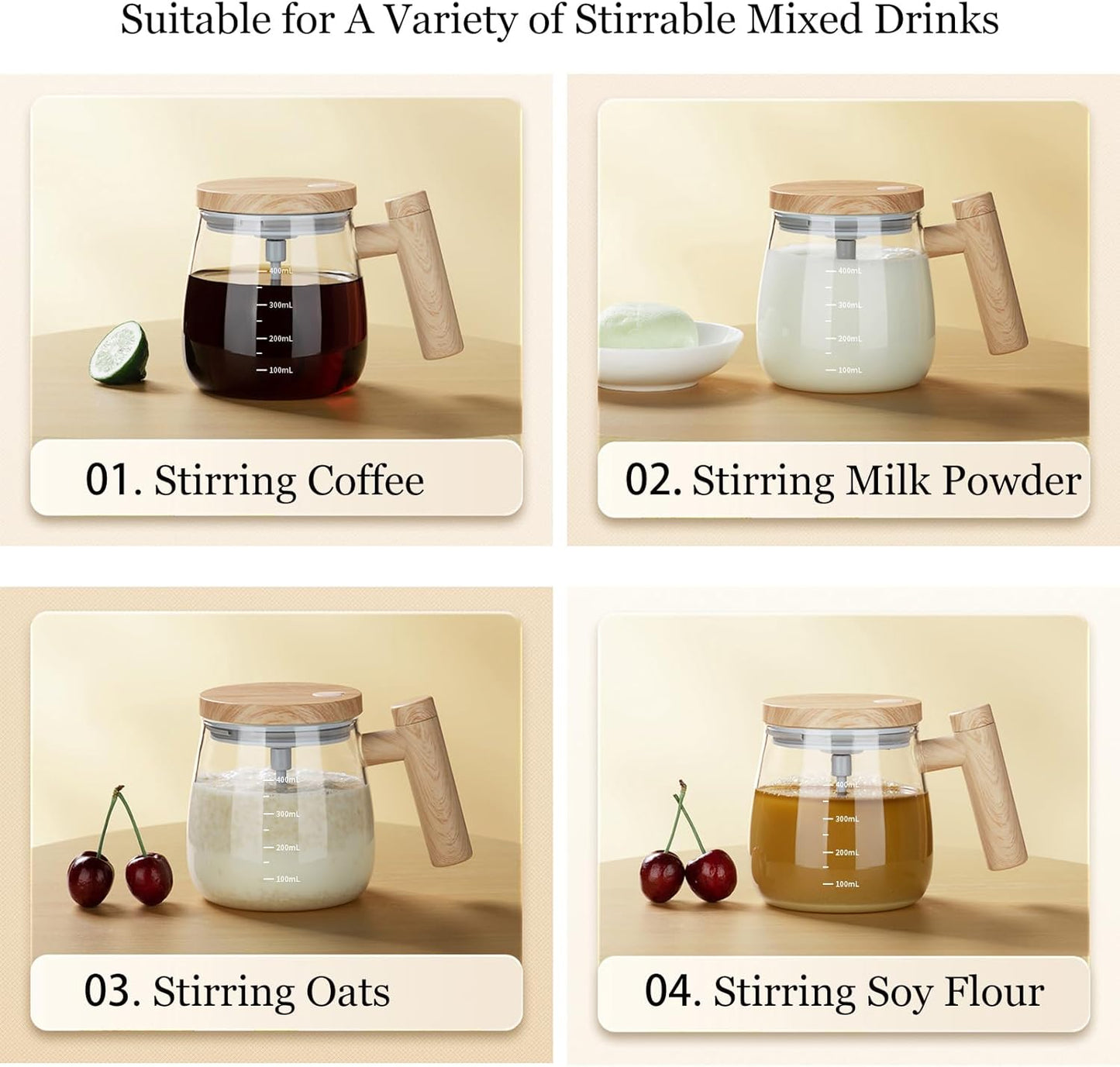 Self Stirring Mug, Electric Mixing Cup Self Stirring Coffee Mug High Borosilicate Glass Mixing Coffee Mug Rotating Home Office Travel Stirring Cup Suitable for Coffee/Milk/Protein Powder