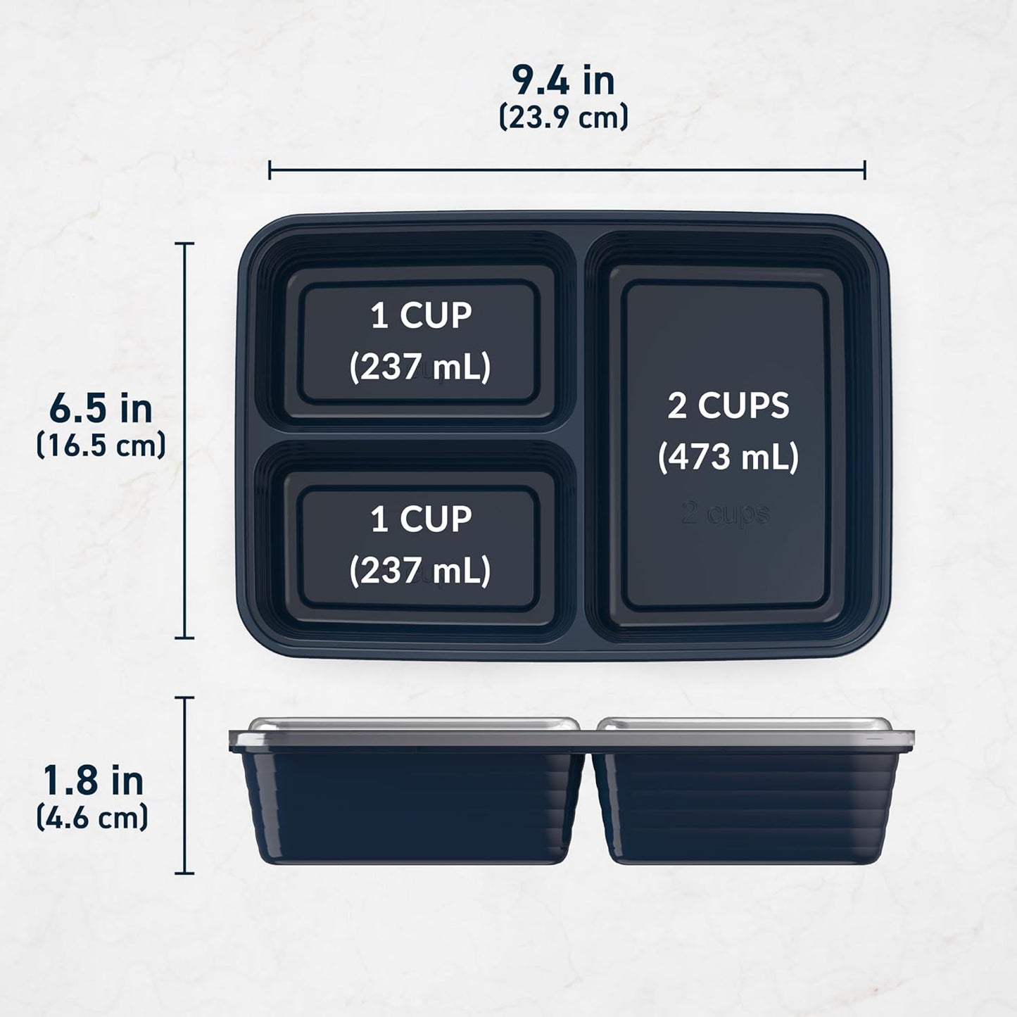 20-Piece Lightweight, Durable, Reusable Bpa-Free 3-Compartment Containers - Microwave, Freezer, Dishwasher Safe - Navy Blue