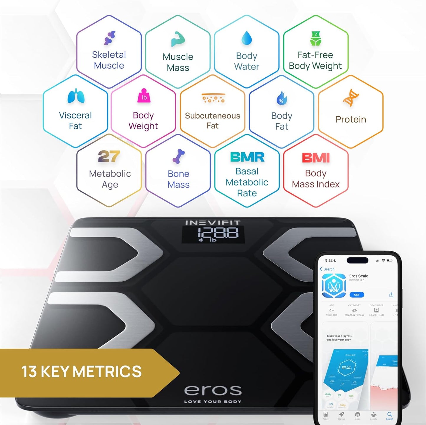 EROS Bluetooth Body Fat Scale Smart BMI Highly Accurate Digital Bathroom Body Composition Analyzer with Wireless Smartphone APP 400 Lbs 11.8 X 11.8 Inch (Black)