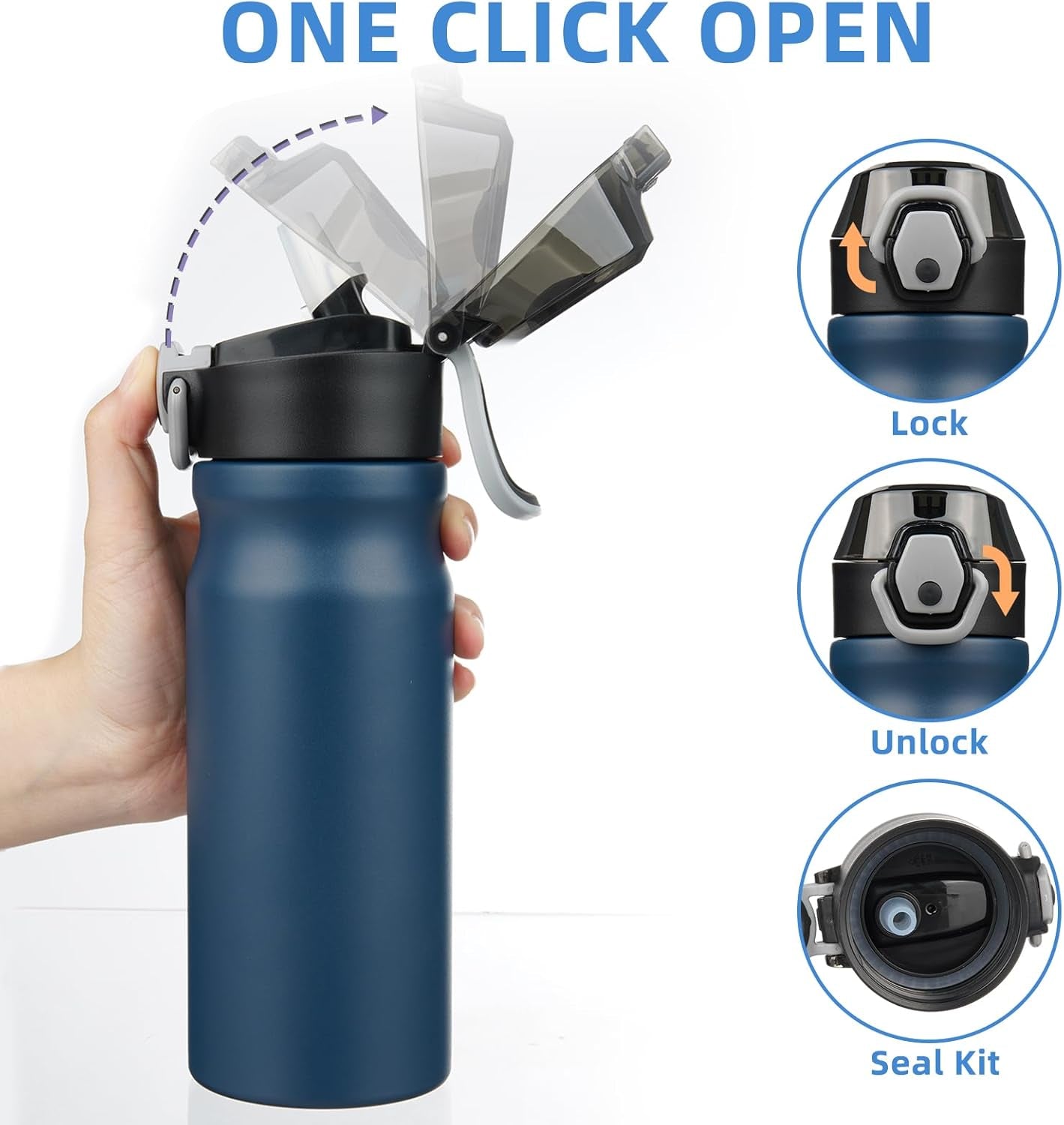 Insulated Water Bottle 18Oz Stainless Steel Water Bottles with Straw and Carry Handle Double Wall Metal Thermos,Navy Blue