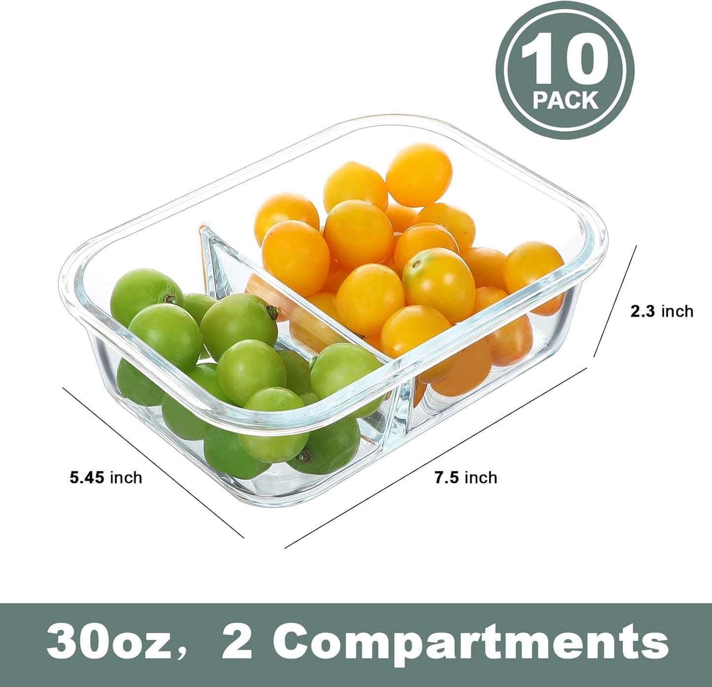 10 Packs 30 Oz Glass Meal Prep Containers 2 Compartment, Glass Food Storage Containers with Lids, Airtight Glass Lunch Bento Box - Freezer,Dishwasher and Microwave Safe