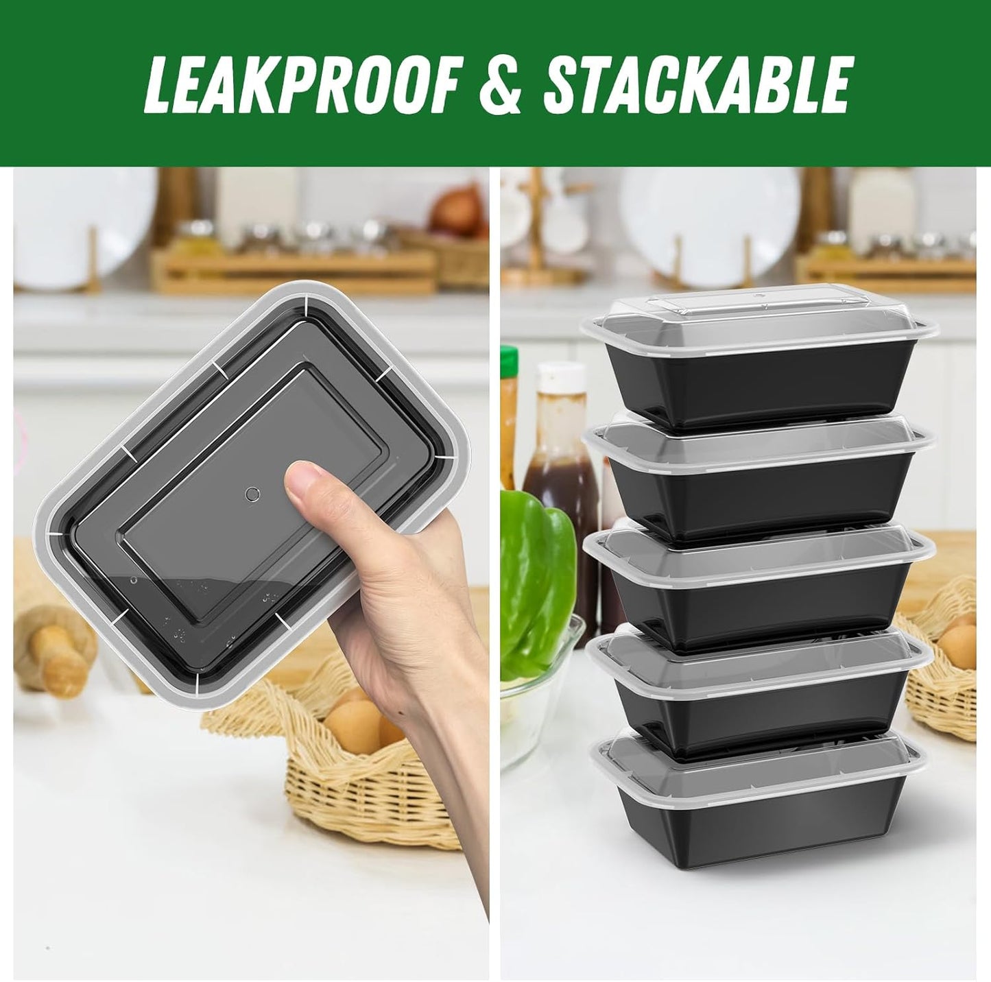 50 Pack (100-Piece) 24 Oz Meal Prep Containers Reusable with Lids, Sturdy Leakproof & Food Safe, Microwave, Freezer, Dishwasher Safe Food Prep Containers, to Go Take Out Plastic Food Storage