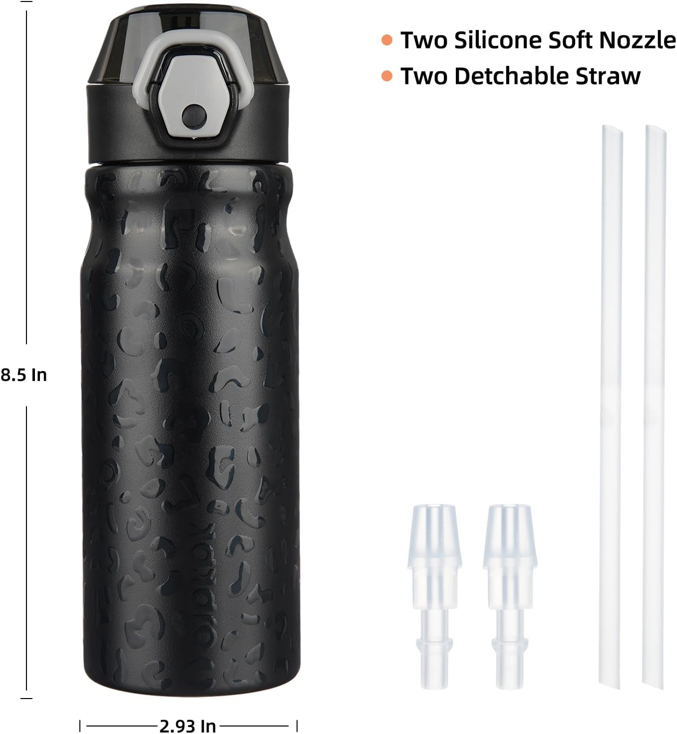 18Oz Insulated Water Bottle with Straw Stainless Steel Double Wall Water Bottles Bpa-Free Leak Proof Thermos with Lockable Flip Lid and Soft Silicone Spout,Black Leopard