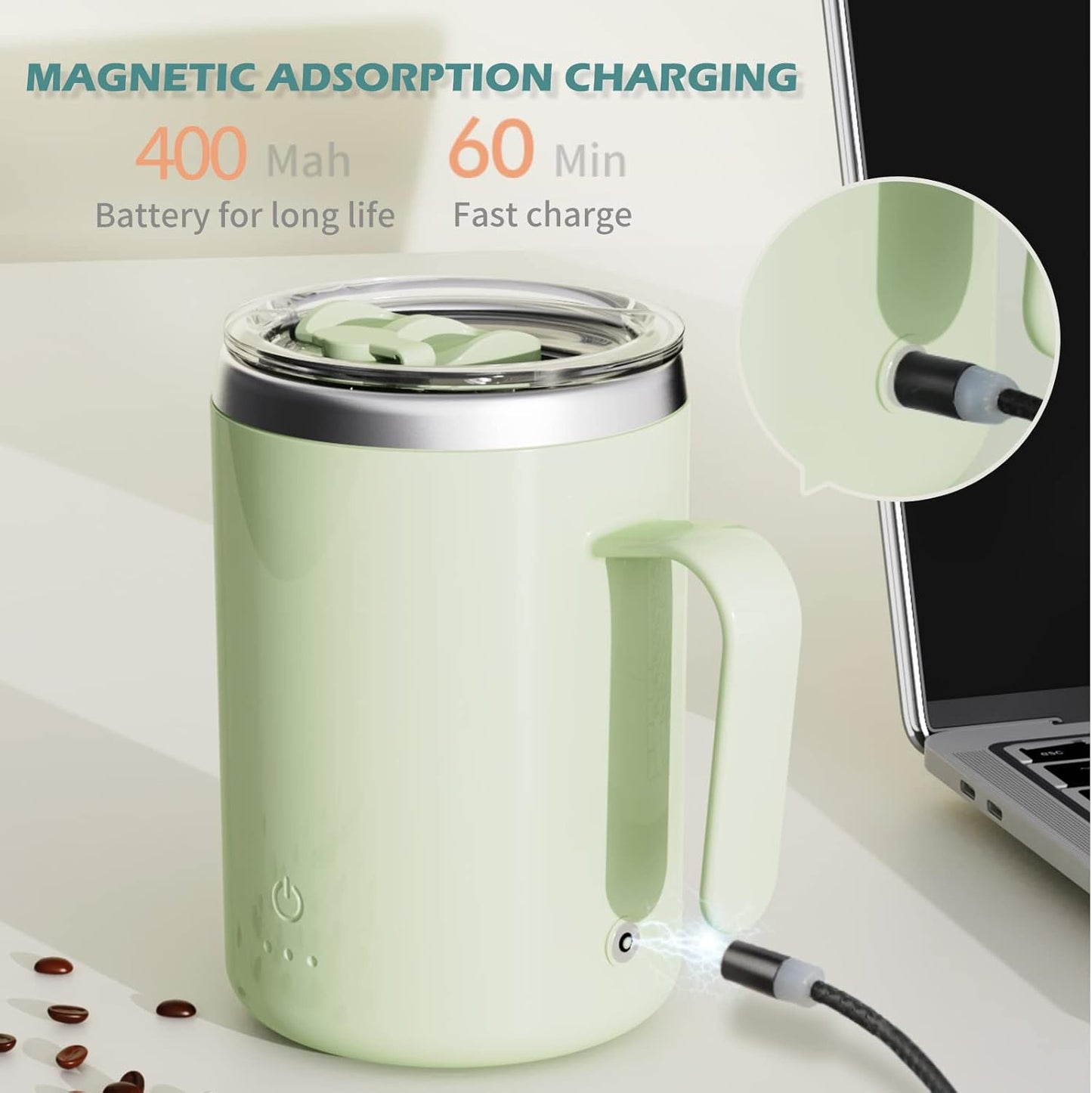 Rechargeable Self Stirring Mug - Magnetic Adsorption Charging | IPX7 | Electric Auto Mixing Stainless Steel Cup 400 Ml/13.5 Oz(Pink)