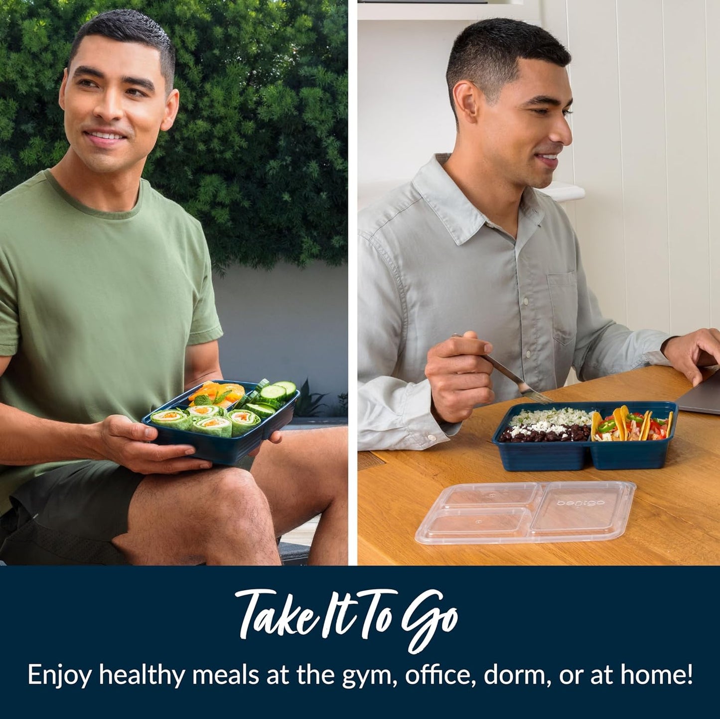 20-Piece Lightweight, Durable, Reusable Bpa-Free 3-Compartment Containers - Microwave, Freezer, Dishwasher Safe - Navy Blue