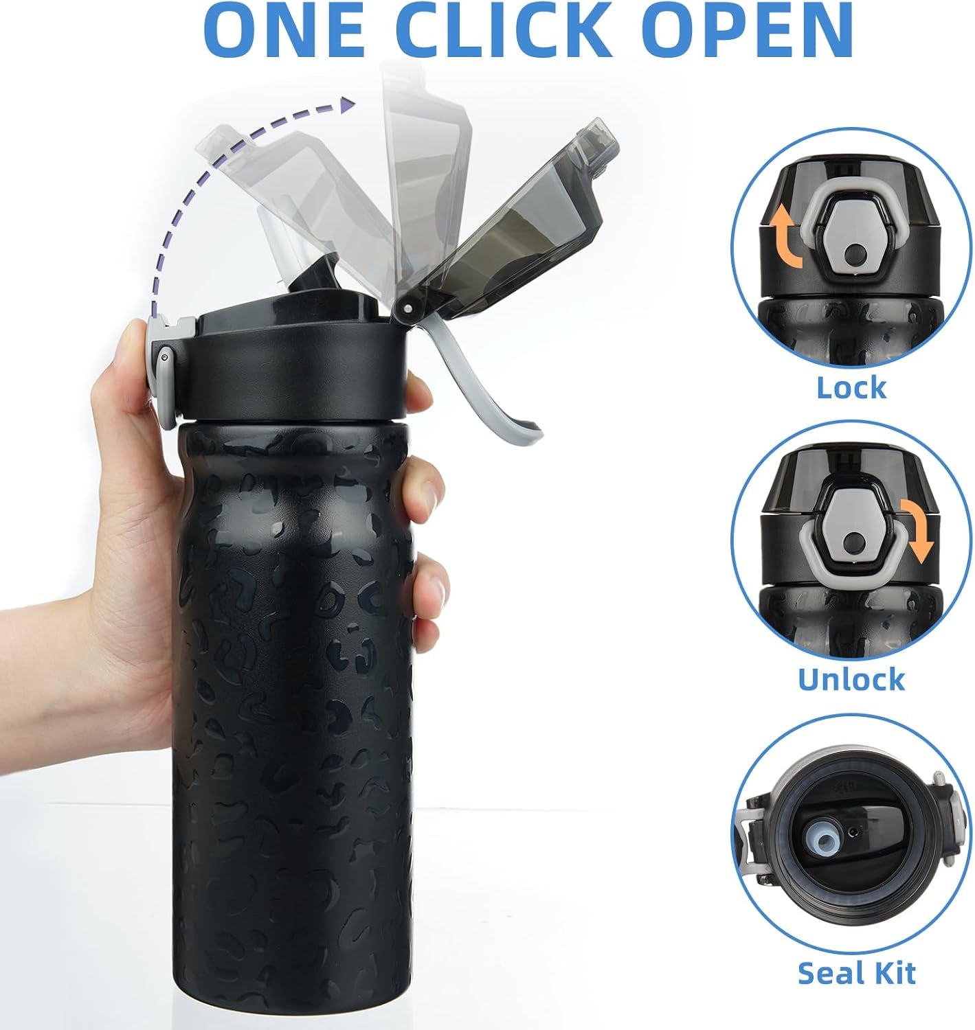 18Oz Insulated Water Bottle with Straw Stainless Steel Double Wall Water Bottles Bpa-Free Leak Proof Thermos with Lockable Flip Lid and Soft Silicone Spout,Black Leopard