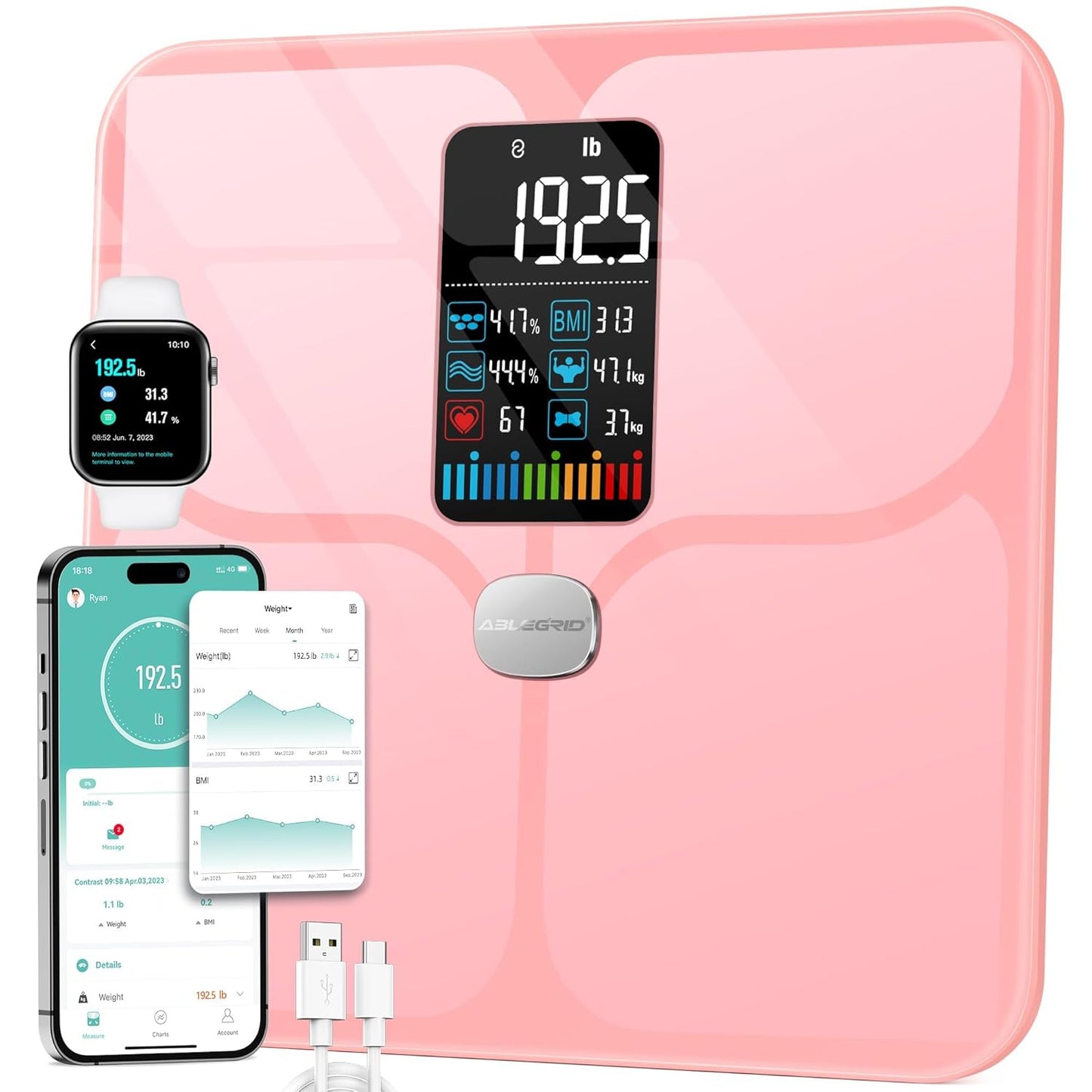Body Fat Scale,Digital Smart Bathroom Scale for Body Weight,Large LCD Display Screen,16 Body Composition Metrics Bmi,Water Weigh,Heart Rate,Baby Mode,400Lb,Rechargeable-Rosegold