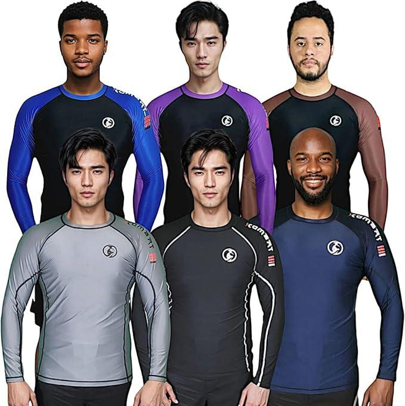 KOMBAT USA Jiu Jitsu BJJ Men'S Rash Guard, Long Full Sleeve, Sports Nogi Training, IBJJF Rank Color