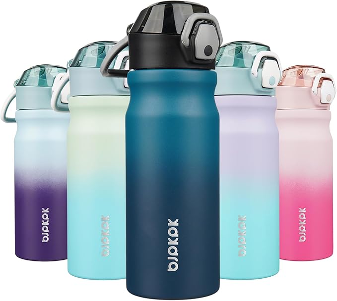 18Oz Insulated Water Bottle with Straw Stainless Steel Double Wall Water Bottles Bpa-Free Leak Proof Thermos with Lockable Flip Lid and Soft Silicone Spout,Black Leopard