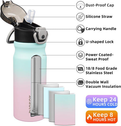 18Oz Insulated Water Bottle with Straw Stainless Steel Double Wall Water Bottles Bpa-Free Leak Proof Thermos with Lockable Flip Lid and Soft Silicone Spout,Bubble Gum