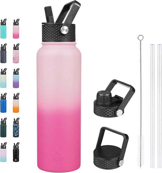 Insulated Water Bottles with Straw Lid, 40Oz Large Water Bottle, Stainless Steel Metal Water Bottle with 3 Lids, Reusable Thermos Bottle, Cold & Hot Water Bottle for Sports, Gym-Cherry