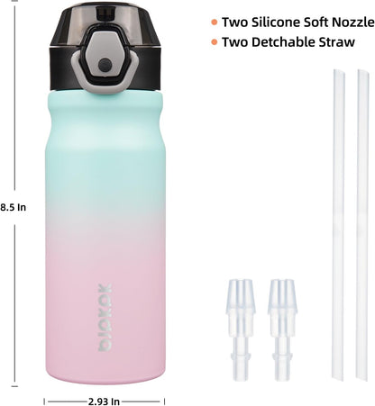 18Oz Insulated Water Bottle with Straw Stainless Steel Double Wall Water Bottles Bpa-Free Leak Proof Thermos with Lockable Flip Lid and Soft Silicone Spout,Bubble Gum