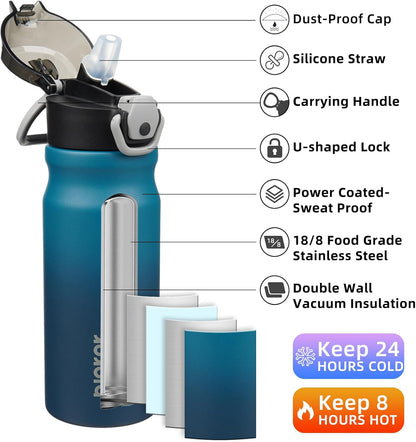 18Oz Insulated Water Bottle with Straw Stainless Steel Double Wall Water Bottles Bpa-Free Leak Proof Thermos with Lockable Flip Lid and Soft Silicone Spout,Indigo Black