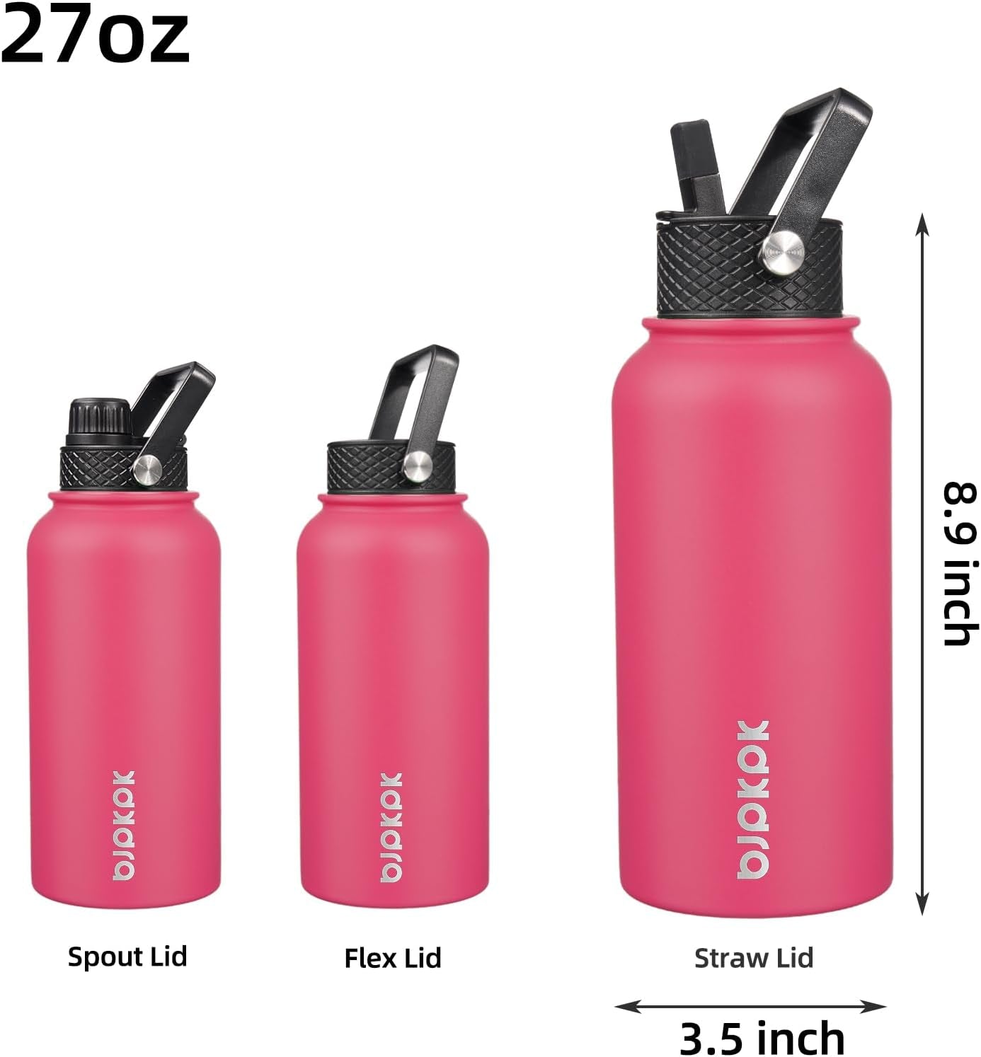 Insulated Water Bottles with Straw Lid, 27Oz Stainless Steel Water Bottle with 3 Lids, Leak Proof BPA Free Metal Thermos Mug, Sports Water Bottle Keep Cold & Hot- Rose Pink