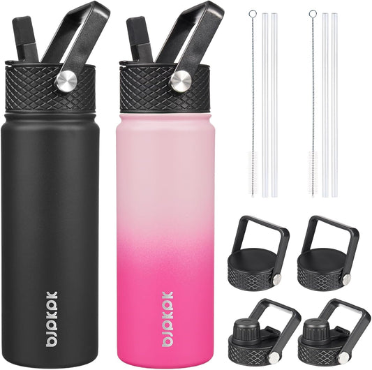 2 Pack Insulated Water Bottles with Straw Lids, 22Oz Stainless Steel Metal Water Bottle with 6 Lids, Leak Proof BPA Free Thermos, Cups, Flasks for Travel, Sports (Cherry+Black)