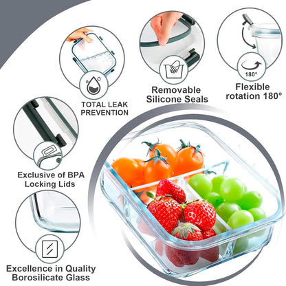 5 Pack Glass Meal Prep Containers 3 Compartment Set, 36OZ Airtight Glass Lunch Containers, Glass Food Storage Containers with Lids, for Microwave, Oven, Freezer & Dishwasher Friendly,Grey