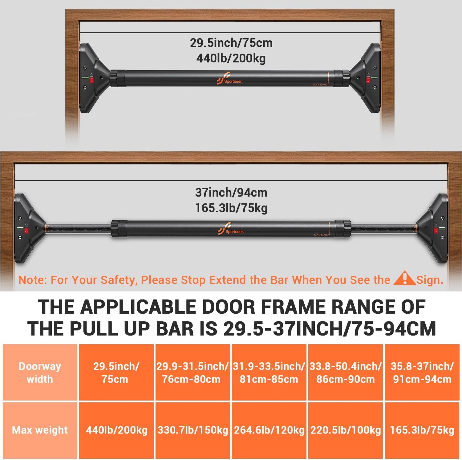Pull up Bar: Strength Training Chin up Bar without Screws - Adjustable 29.5''-37'' Width Locking Mechanism Pull-Up Bar for Doorway - Max Load 440Lbs for Home Gym Upper Body Workout, Non-Slip
