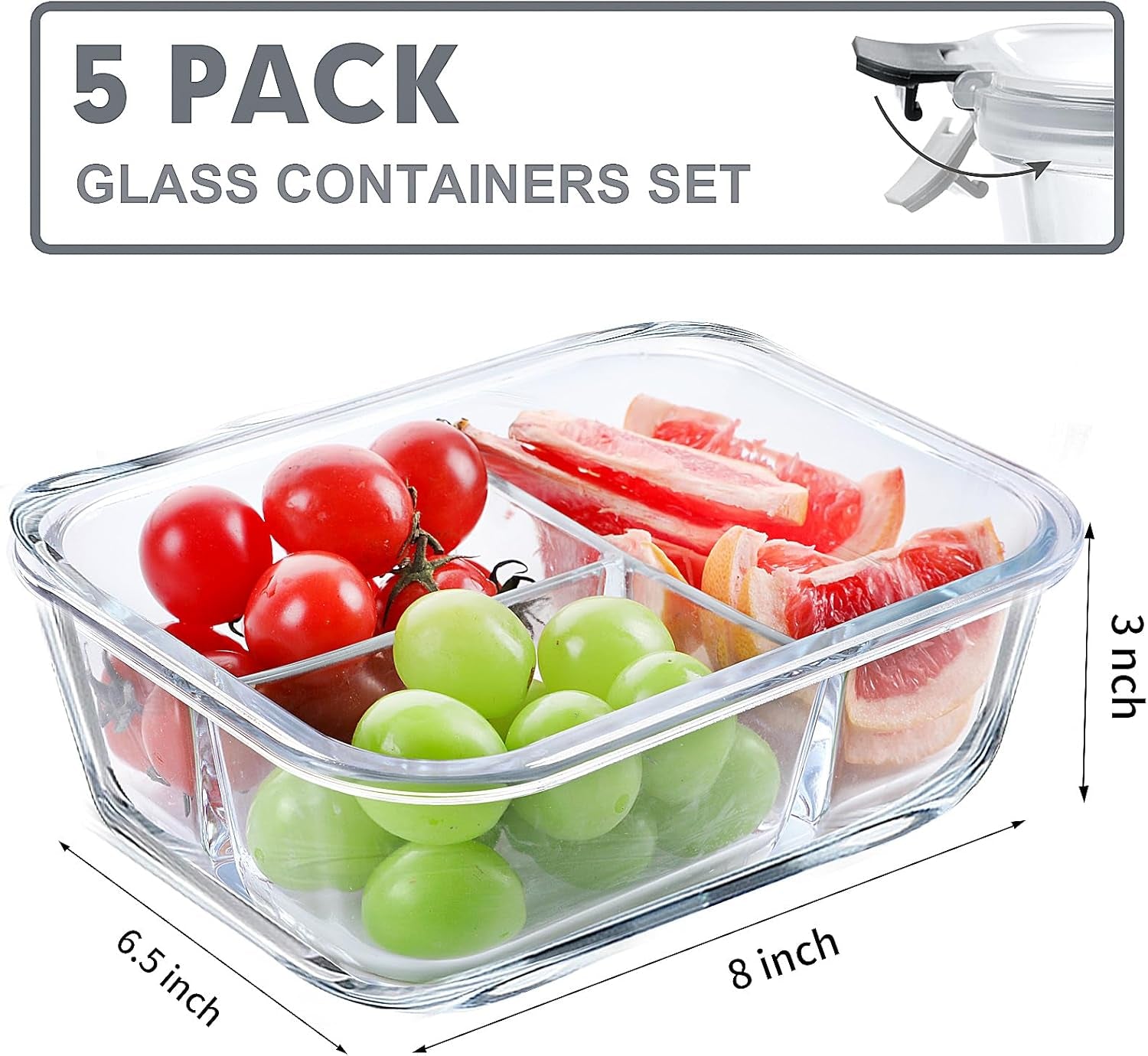 5 Pack Glass Meal Prep Containers 3 Compartment Set, 36OZ Airtight Glass Lunch Containers, Glass Food Storage Containers with Lids, for Microwave, Oven, Freezer & Dishwasher Friendly,Grey