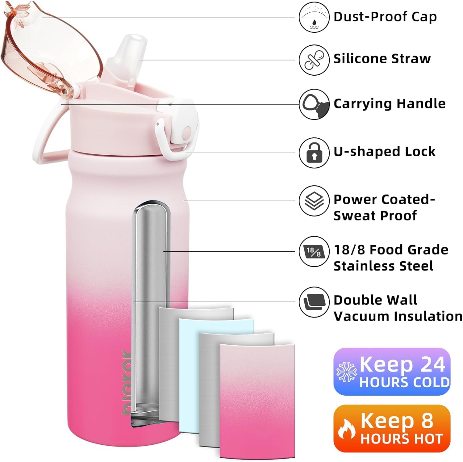 18Oz Insulated Water Bottle with Straw Stainless Steel Double Wall Water Bottles Bpa-Free Leak Proof Thermos with Lockable Flip Lid and Soft Silicone Spout,Cherry Blossom