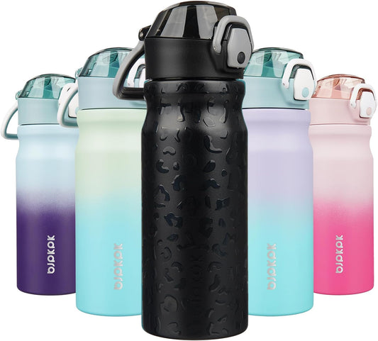 18Oz Insulated Water Bottle with Straw Stainless Steel Double Wall Water Bottles Bpa-Free Leak Proof Thermos with Lockable Flip Lid and Soft Silicone Spout,Black Leopard