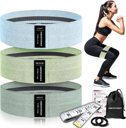 Fabric Resistance Bands for Working Out, 3 Level Non-Slip Exercise Booty Bands for Men & Women Leg and Glutes with Hair Ties and Tape Measure - for Home and Gym Workout, Yoga, Pilates