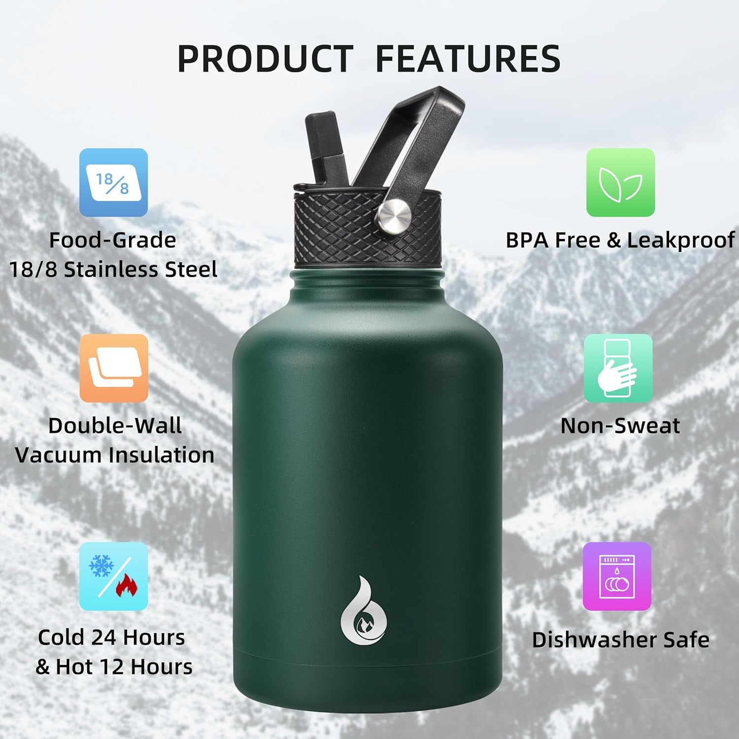 Insulated Water Bottles with Straw Lid,50Oz Large Bottle,Stainless Steel Vacuum Bottle,Hot & Cold 3 Lids and Paracord Handle,Army Green