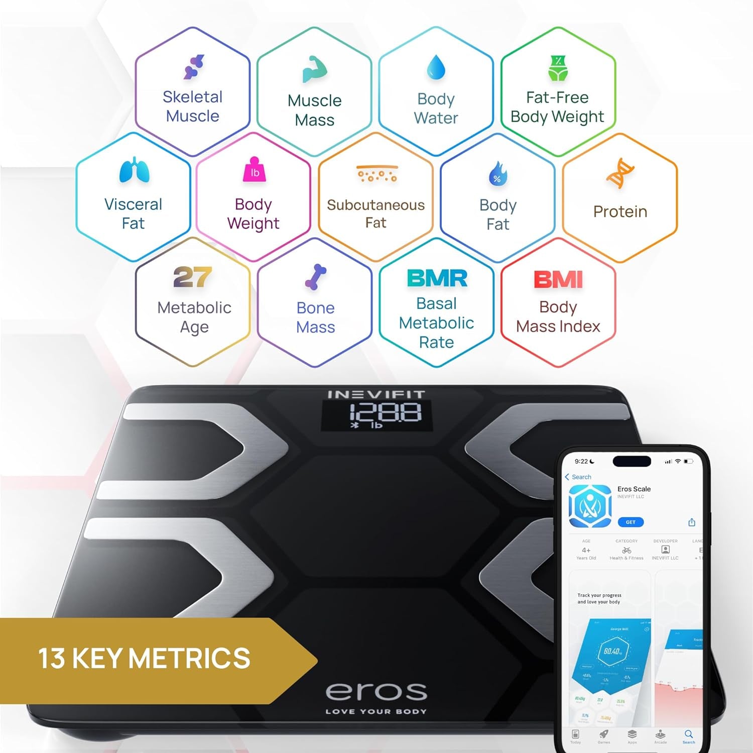 EROS Bluetooth Body Fat Scale Smart BMI Highly Accurate Digital Bathroom Body Composition Analyzer with Wireless Smartphone APP 400 Lbs 11.8 X 11.8 Inch (Black)