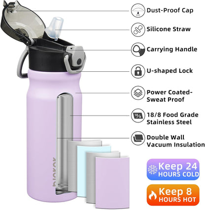 Water Bottle with Straw 18Oz Insulated Water Bottles Reusable Stainless Steel Metal Thermos with Leak Proof Lockable Lid and Carry Handle,Iceberg