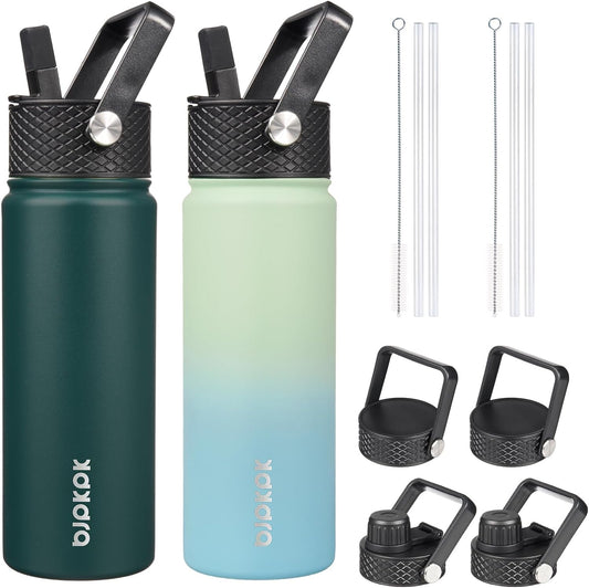 2 Pack Insulated Water Bottles with Straw Lids, 22Oz Stainless Steel Metal Water Bottle with 6 Lids, Leak Proof BPA Free Thermos, Cups, Flasks for Travel, Sports (Army Green+Mint)