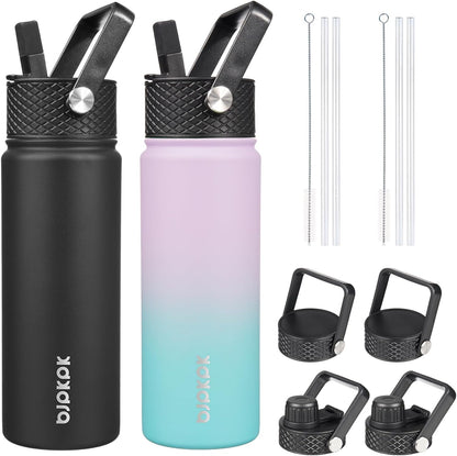 2 Pack Insulated Water Bottles with Straw Lids, 22Oz Stainless Steel Metal Water Bottle with 6 Lids, Leak Proof BPA Free Thermos, Cups, Flasks for Travel, Sports (Oasis+Black)