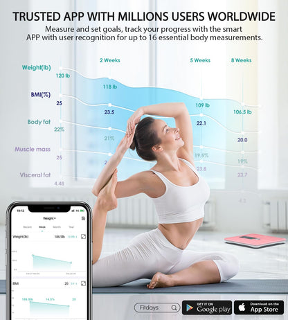 Body Fat Scale,Digital Smart Bathroom Scale for Body Weight,Large LCD Display Screen,16 Body Composition Metrics Bmi,Water Weigh,Heart Rate,Baby Mode,400Lb,Rechargeable-Rosegold