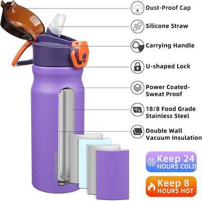 Stainless Steel Insulated Water Bottle with Straw Lid 18Oz Reusable Metal Thermos Bottles Keep Cold and Hot,Purple