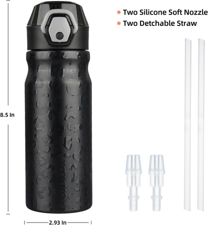18Oz Insulated Water Bottle with Straw Stainless Steel Double Wall Water Bottles Bpa-Free Leak Proof Thermos with Lockable Flip Lid and Soft Silicone Spout,Black Leopard