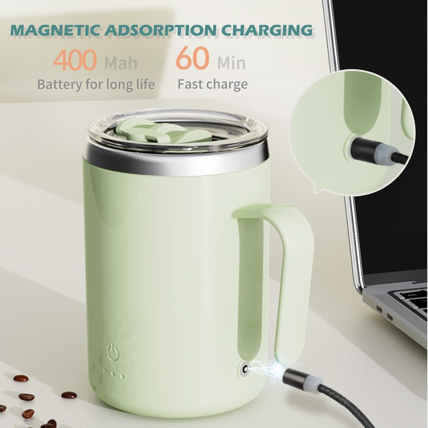Rechargeable Self Stirring Mug - Magnetic Adsorption Charging | IPX7 | Electric Auto Mixing Stainless Steel Cup 400 Ml/13.5 Oz(Pink)