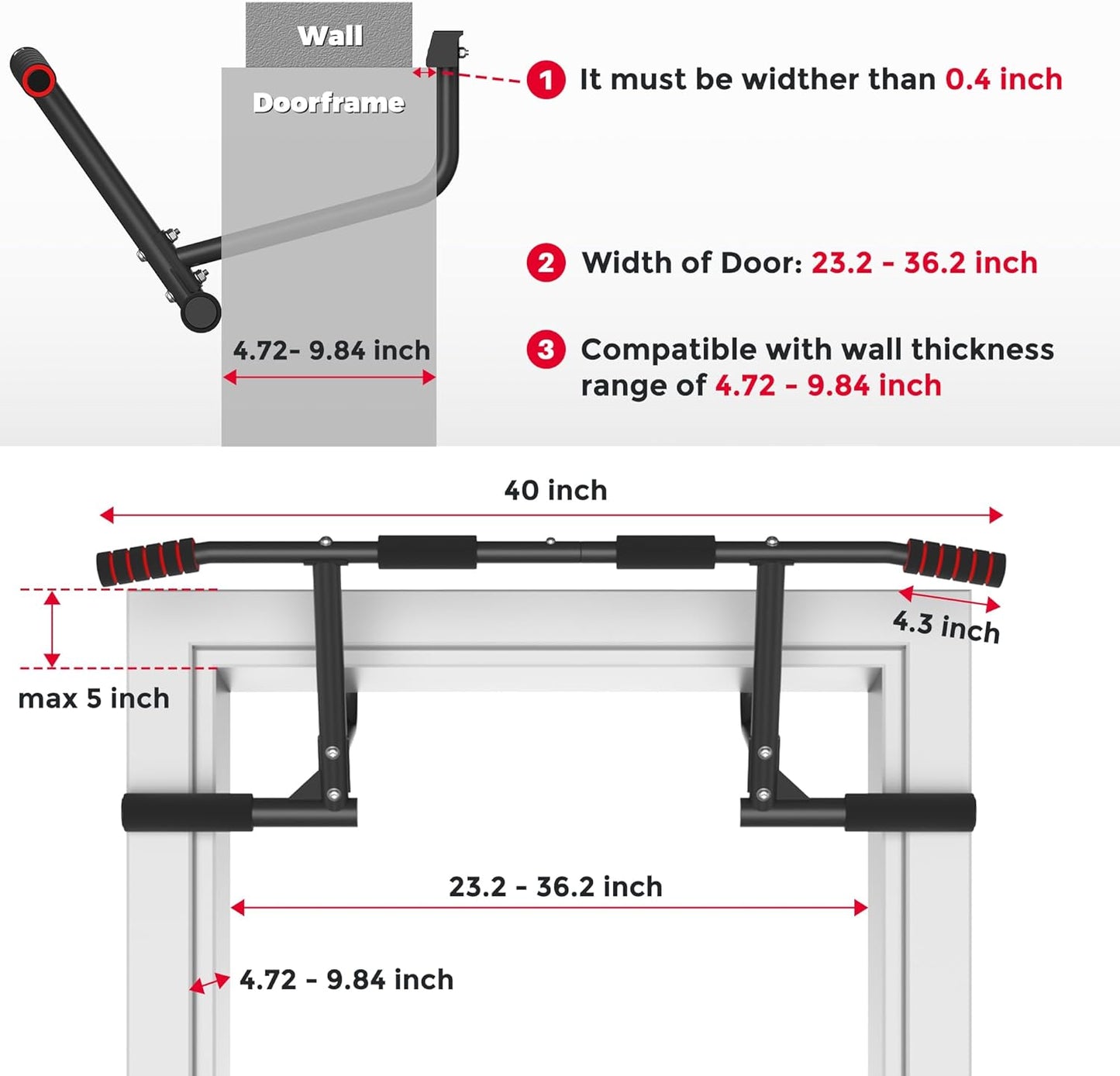 Pull up Bar for Doorway, 440 Lbs Heavy Duty Upper Body Fitness Workout Bar for Home Gym Exercise, Multi-Grip Strength Wall Mounted Door Frame Chin-Up Bar for Almost All Doors