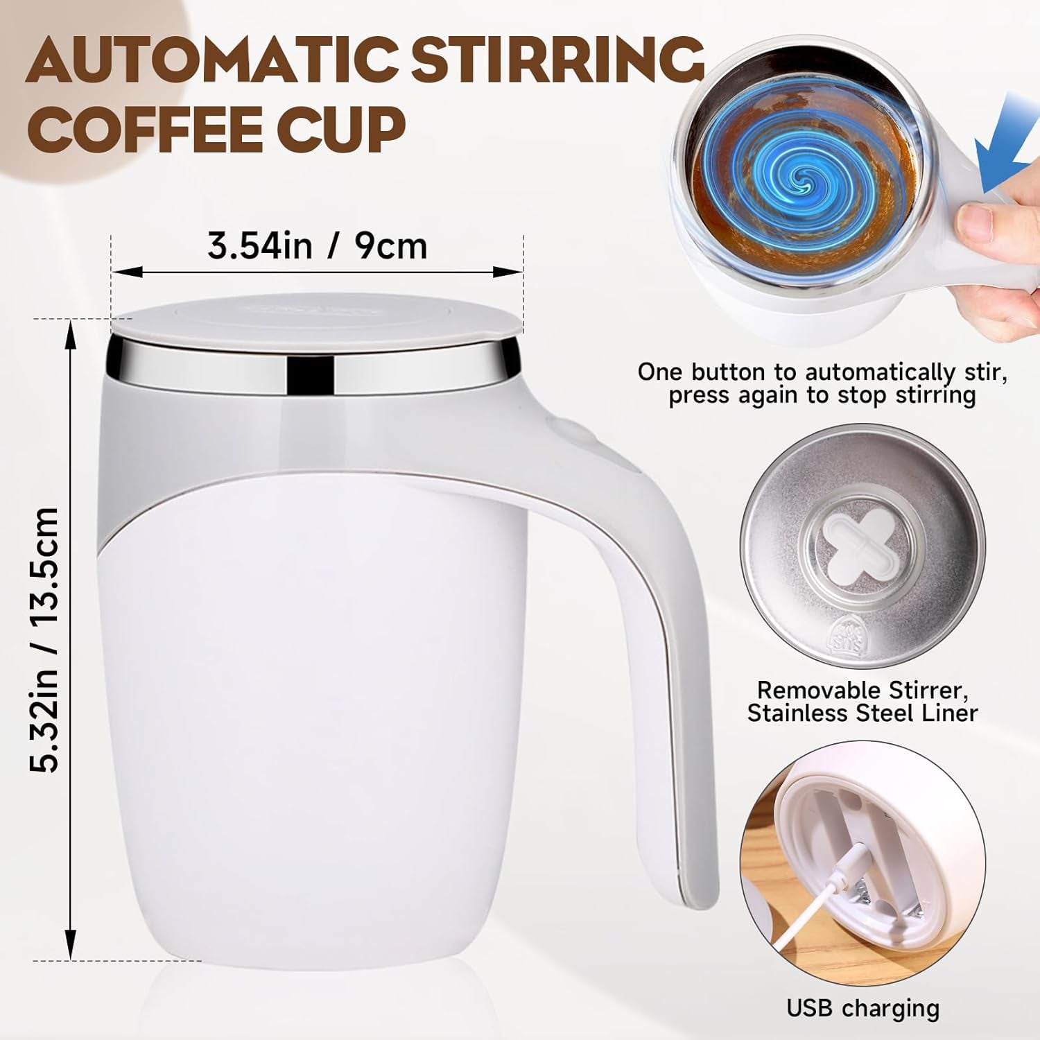 Self Stirring Coffee Mug, 2025 New Automatic Magnetic Stirring Coffee Mug, Magnetic Coffee Stirrer Mug for Milk, Rechargeable Coffee Mug Electric Mixing Cup for Coffee Milk Tea (1, White)