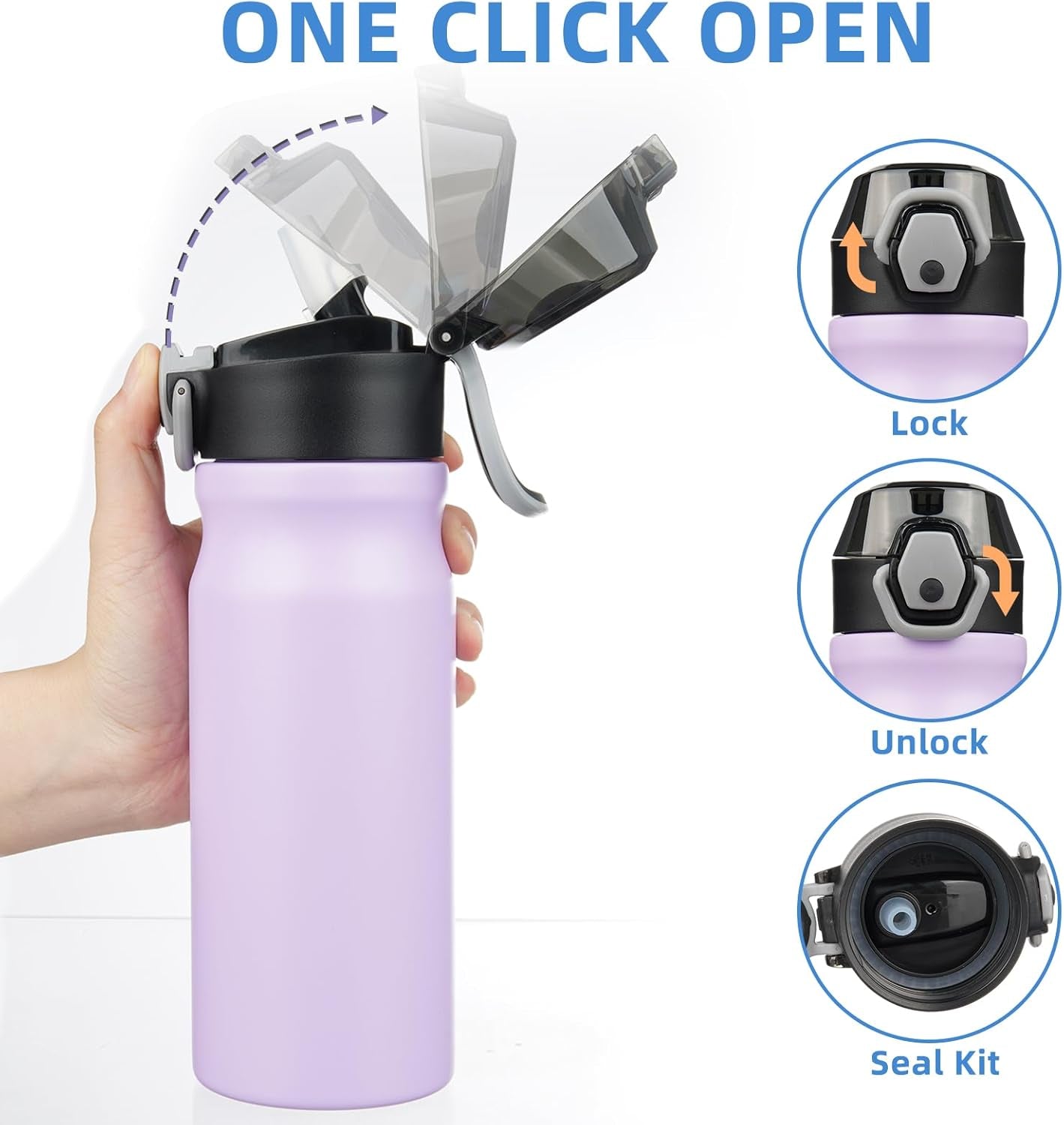 Water Bottle with Straw 18Oz Insulated Water Bottles Reusable Stainless Steel Metal Thermos with Leak Proof Lockable Lid and Carry Handle,Iceberg